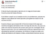 Rubén Rocha Moya retoma la gubernatura de Sinaloa tras 112 días de licencia