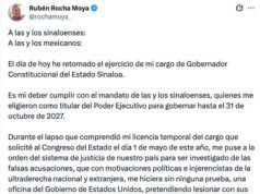 Rubén Rocha Moya retoma la gubernatura de Sinaloa tras 112 días de licencia