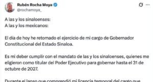 Rubén Rocha Moya retoma la gubernatura de Sinaloa tras 112 días de licencia