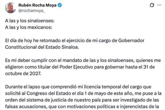 Rubén Rocha Moya retoma la gubernatura de Sinaloa tras 112 días de licencia